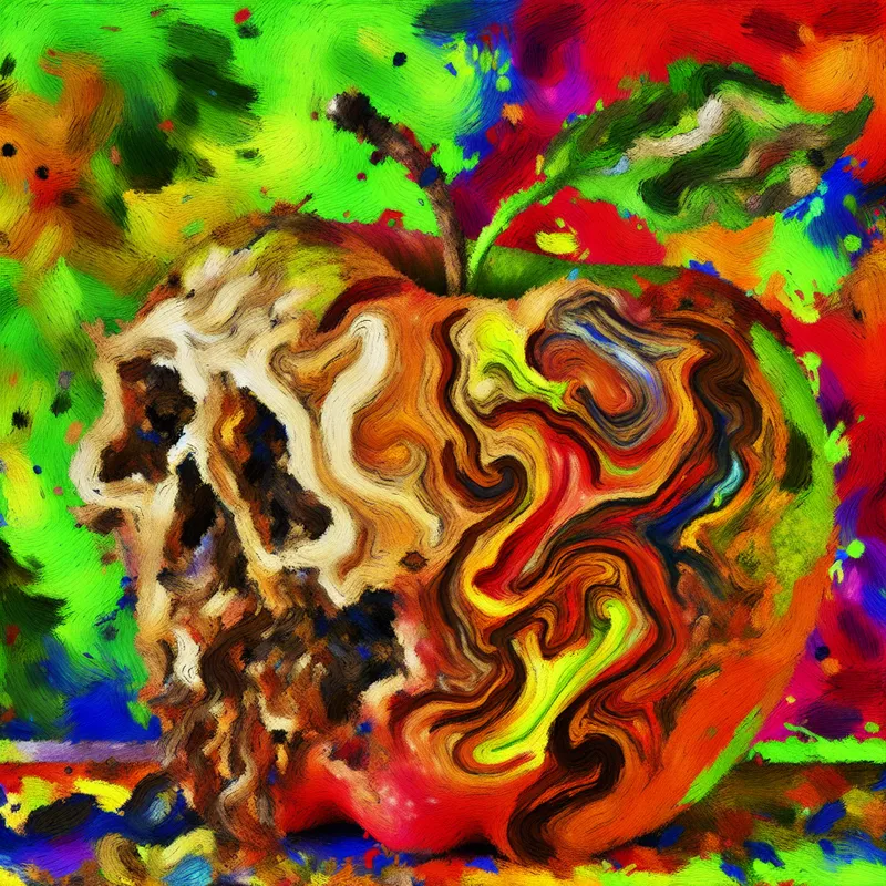 Abstracte weergave van een rotte appel in levendige kleuren, met een speelse en expressieve stijl.