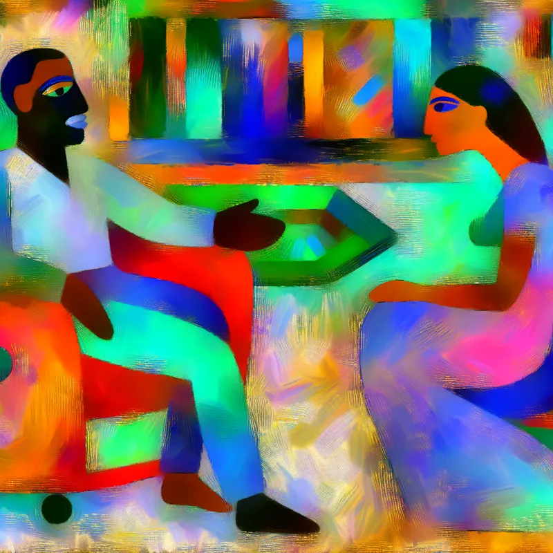 Abstracte voorstelling van een rustige conversatie tussen twee mensen in een kleurrijke omgeving