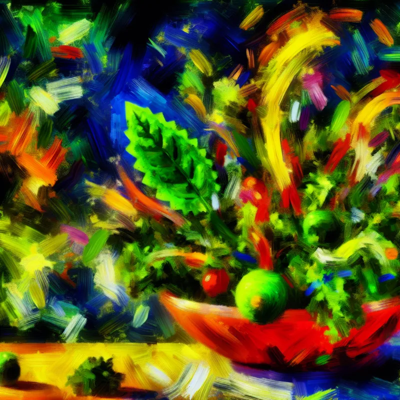 Abstract kleurrijke afbeelding van een salade met een kleine bittere plant of kruid.