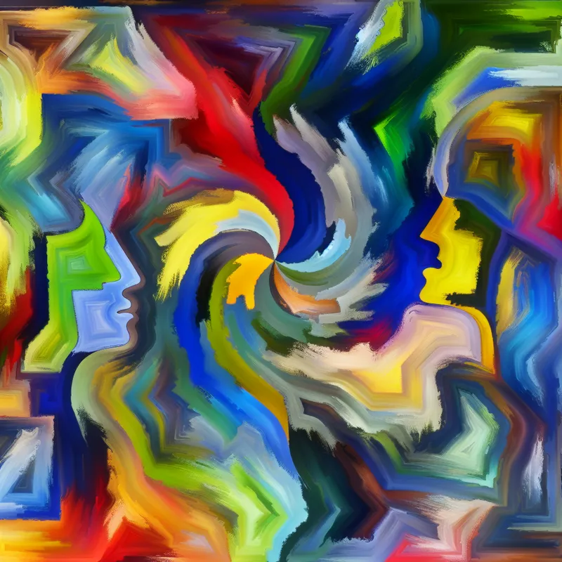 Abstracte compositie met felle kleuren en expressieve penseelstreken, die de betekenis van het vormen van een oordeel visualiseert.
