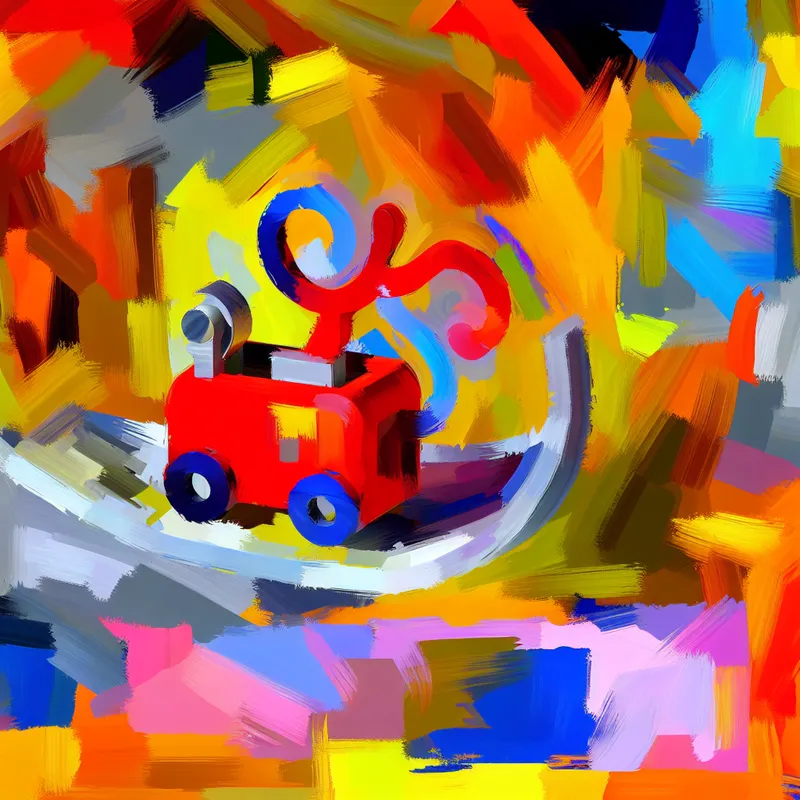 Een kleurrijke abstracte voorstelling van een schattig speelgoedje op een schoorsteenmantel