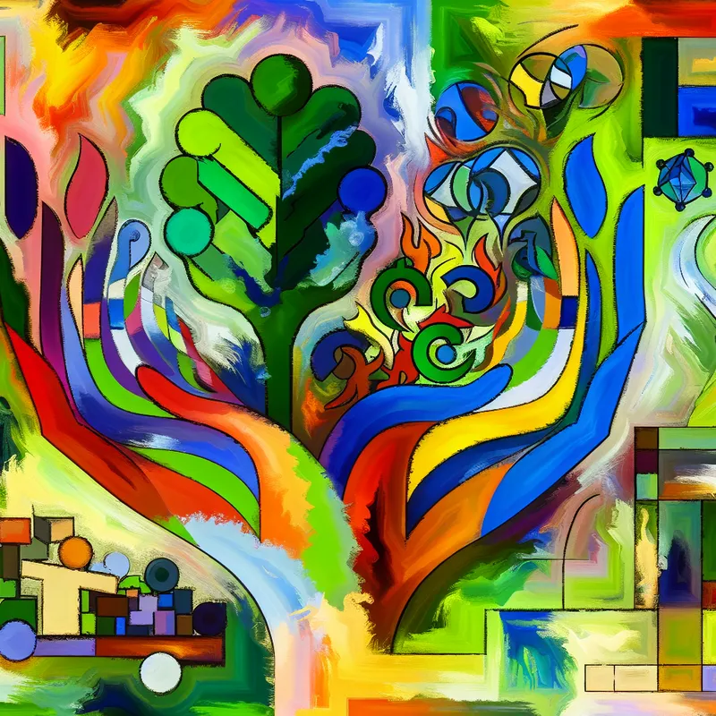 Abstracte compositie met kleurrijke elementen die ideeën en trends symboliseren, met in het midden twee handen die groene bomen en stapels munten samenvoegen.