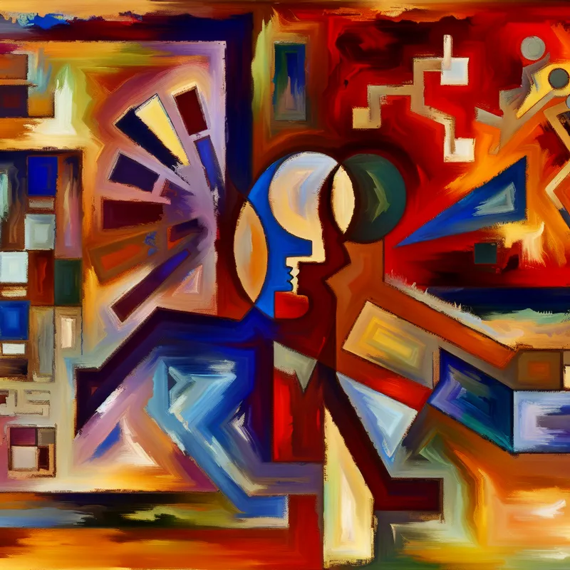 Abstracte expressieve compositie van twee overlappende figuren in een chaotische, kleurrijke omgeving, geïnspireerd door Willem de Kooning