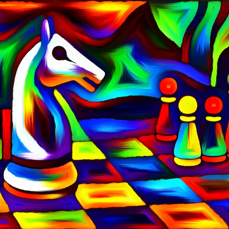 Een abstracte en kleurrijke afbeelding van een schaakbord met een verplaatste paard, in levendige kleuren en vervaagde achtergronddetails.