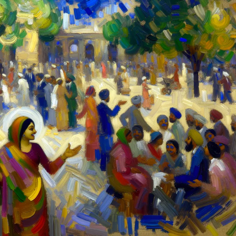 Abstract expressionistisch schilderij van een druk stadspark met een vriendelijke man in het midden