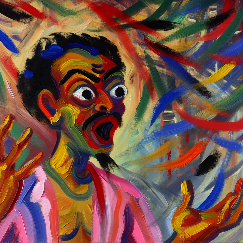 Abstract expressionistisch schilderij van een persoon met een uitdrukking van verbazing en teleurstelling.