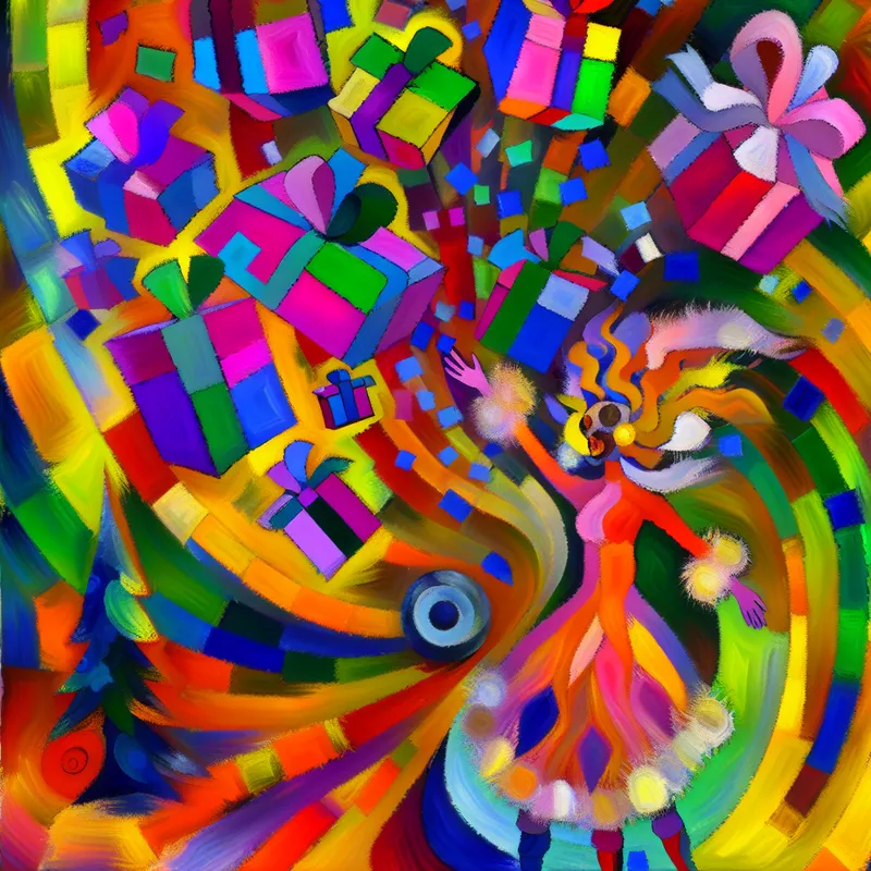 Abstracte scène in Karel Appel-stijl van een vrolijke figuur in Sinterklaas-kostuum omringd door kleurrijke geschenken