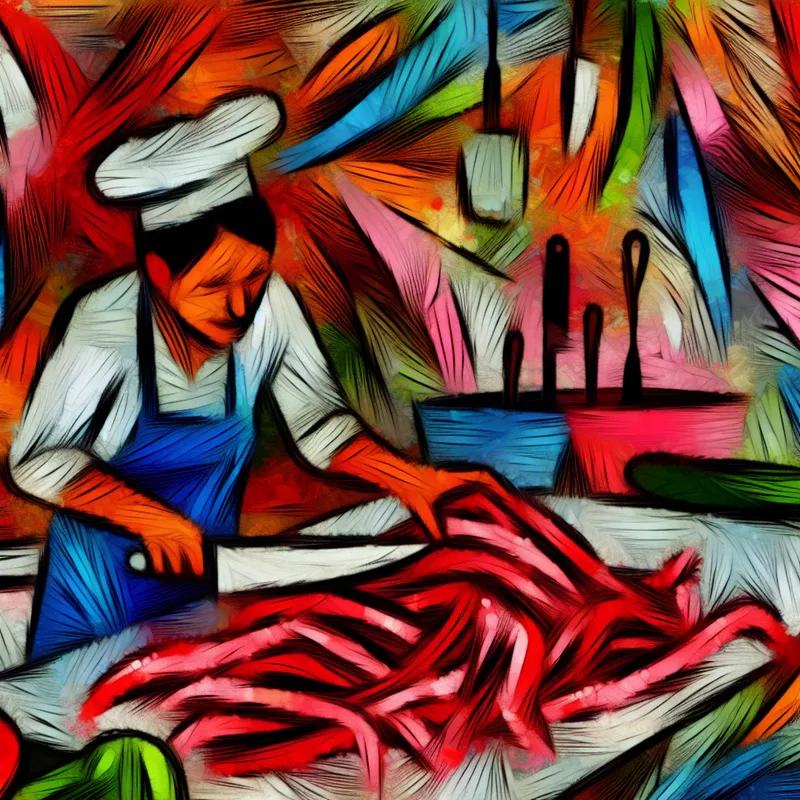 Abstracte voorstelling van een slager die felrood vlees snijdt in een levendige keuken, geschilderd in expressieve, dikke penseelstreken in de stijl van Karel Appel