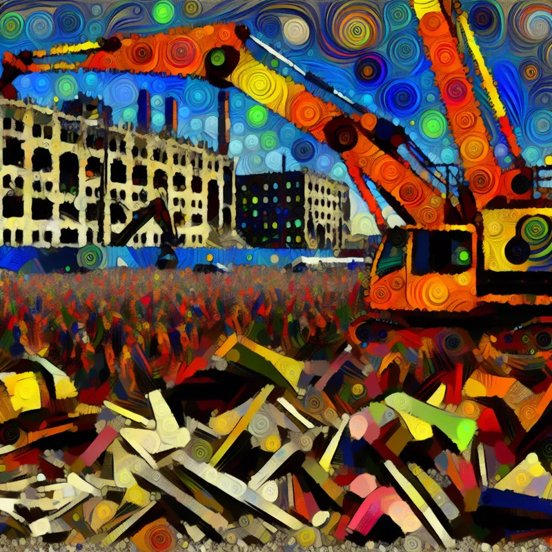 Abstract afbeelding van een slooplocatie met kleurrijke bouwkranen en containers, waar inwoners naar de activiteit kijken.