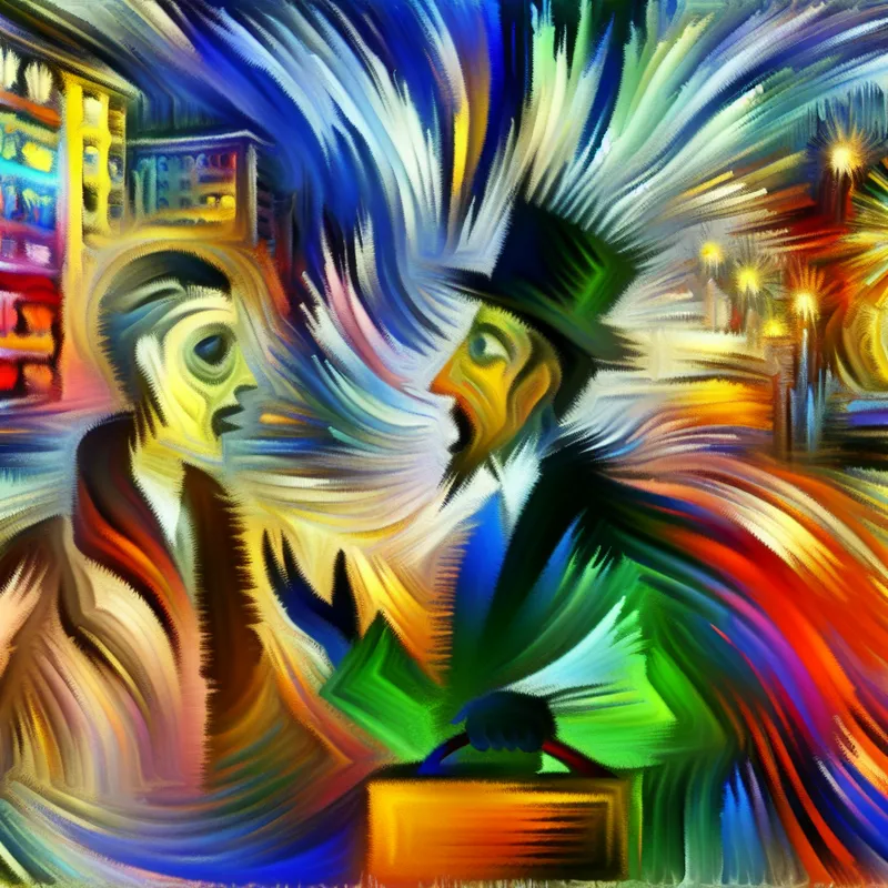 Abstracte uitdrukking van een snel pratende verkoper in een chaotische stedelijke omgeving met kleurrijke vormen en gebaren.