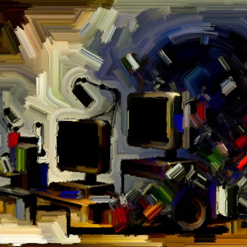 Abstracte voorstelling van software-innovatie met een rommelige computerbureau en een moderne computeropstelling