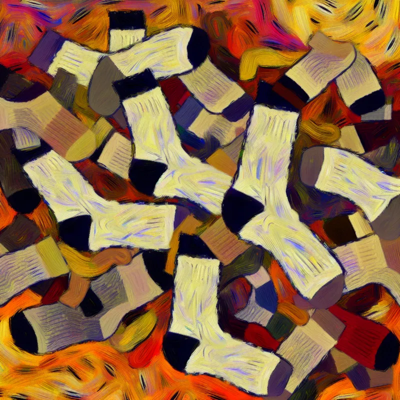 Abstracte compositie van mismatched sokken op een kleurrijke achtergrond