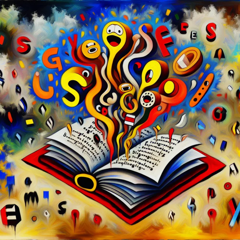 Abstracte voorstelling van een levendige spellinggids met kleurrijke letters en grammaticaregels die uit een groot boek barsten, in de expressieve stijl van Karel Appel