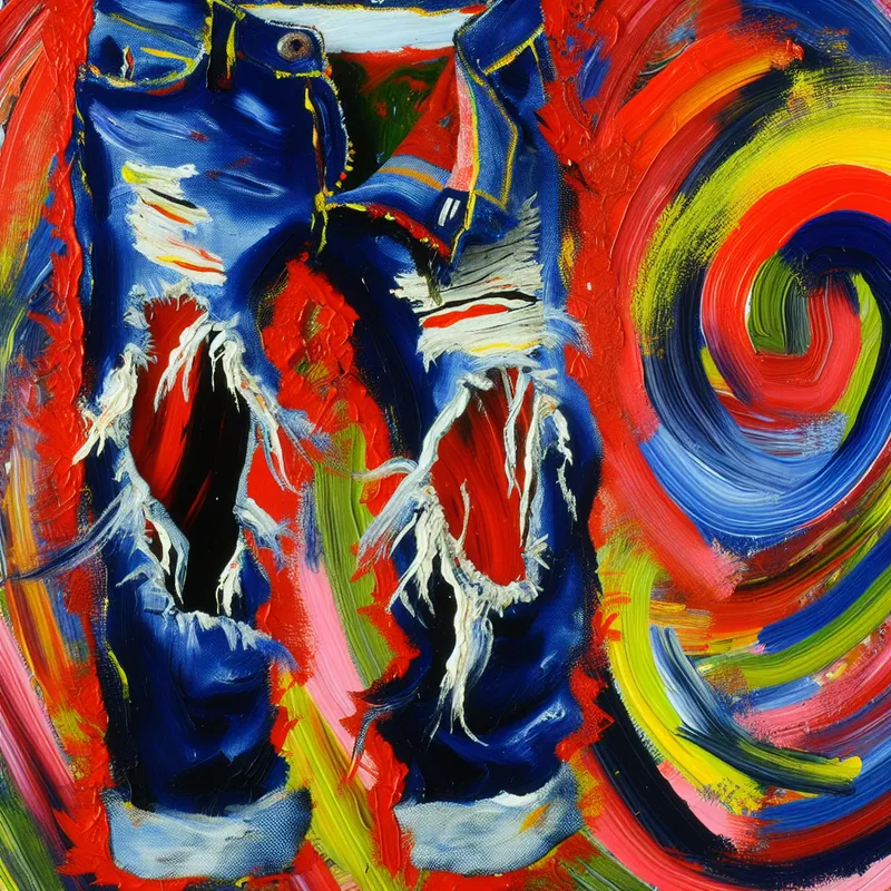 Abstract schilderij van een spijkerbroek met opvallende slijtage bij de knie, geïnspireerd door Karel Appel