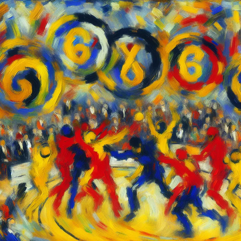 Abstract expressionistische schilderij van een chaotische sportscène met spelers in beweging en grote nummers die 'zes punten' aanduiden