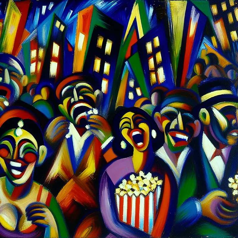 Abstract expressionist kunstwerk dat de drukte van een stad op vrijdagavond weergeeft met levendige kleuren en dynamische mensen.