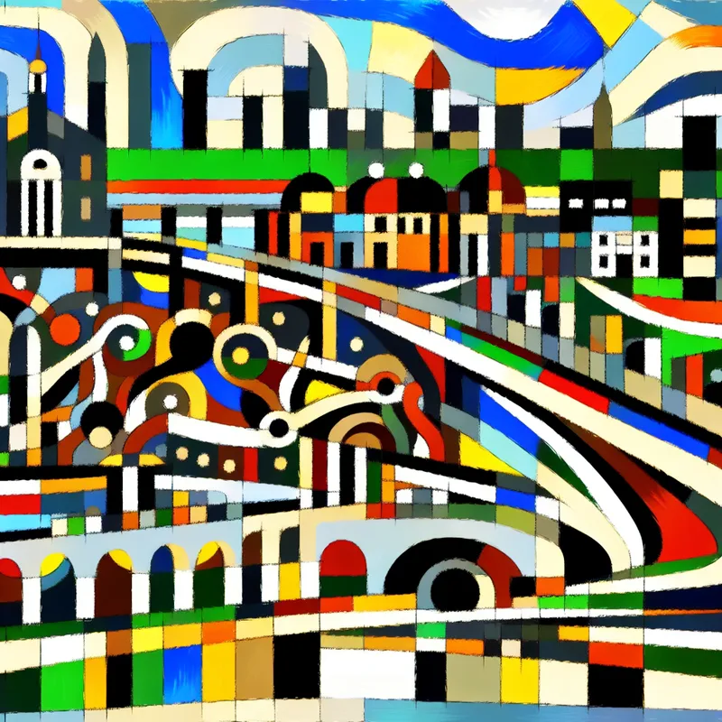 Abstract stadscapte van Nederland met kleurrijke vormen van wegen, bruggen en gebouwen die samenwerking symboliseren.