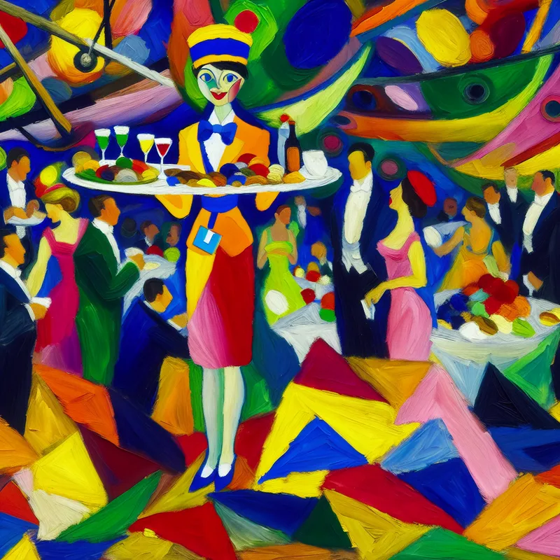 Abstracte voorstelling van een stewardess in levendige kleuren die gasten verzorgt met hapjes en drankjes op een cruiseschip of tijdens een gala-evenement