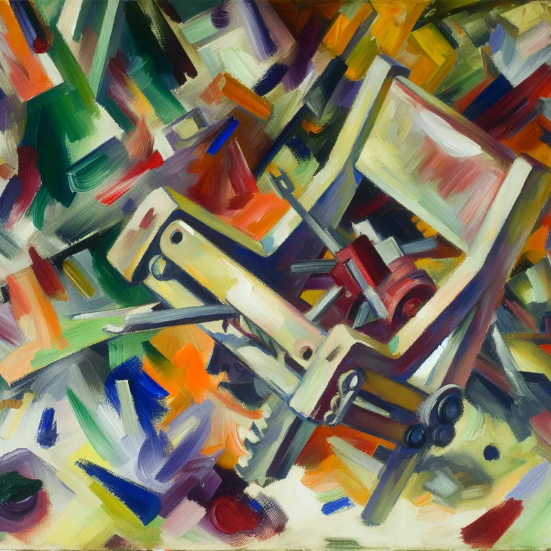 Abstracte expressieve kunst van een gebroken stoelonderdeel in een chaotische omgeving met felle kleurensplatsen.