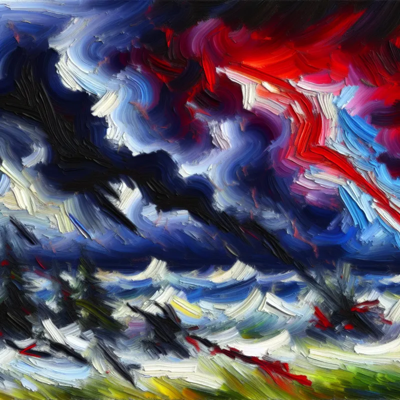 Abstracte voorstelling van een zware storm met woeste, kleurrijke penseelstreken die intense kracht en beweging uitbeelden