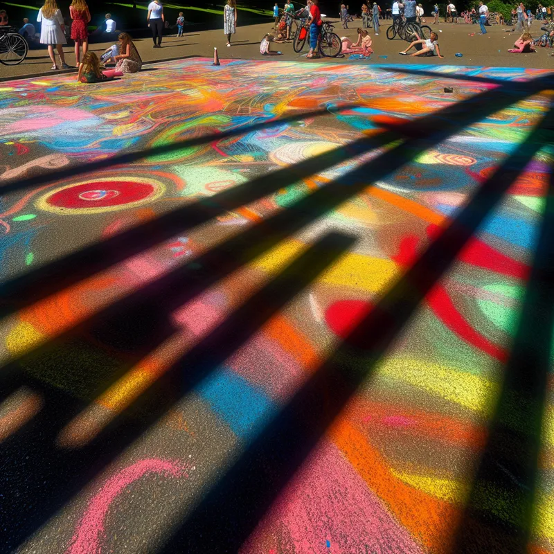 Abstract expressionistisch straatkunstwerk met krijt, vol levendige kleuren en speelse patronen op asfalt, kinderen tekenen op de achtergrond.