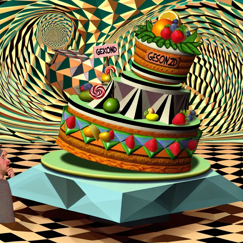 Abstract surreal scene with a two-tiered cake labeled 'Gezond' and 'Lekker' on a geometrically impossible table, featuring a confused figure expressing happiness and curiosity, surrounded by floating words about health and taste.