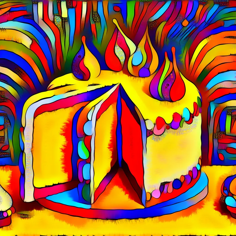 Abstracte, kleurrijke taartscène met twee overgebleven stukken in Karel Appel stijl