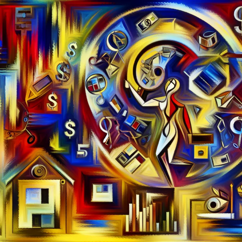 Abstract expressionistische voorstelling van taxatie met een huis, sieraden, elektronica en meubels, geïnspecteerd door een taxateur met vergrootglas en clipboard