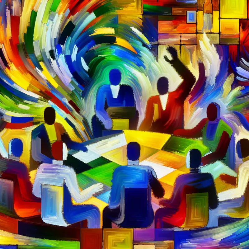 Abstracte voorstelling van teamwork met diverse individuen in een levendige kantooromgeving