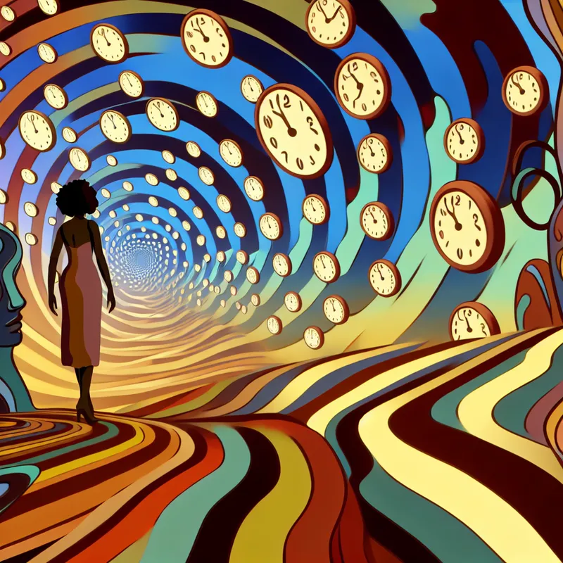 Surrealistische illustratie van de abstracte concepten van tijd met smeltende klokken en een figuur die naar een spiraal van klokgezichten kijkt.