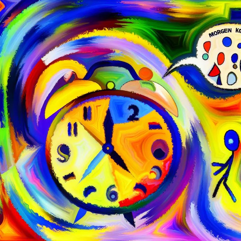 Abstracte kleurrijke afbeelding van een toekomstig evenement met een grote klok en spraakballon.