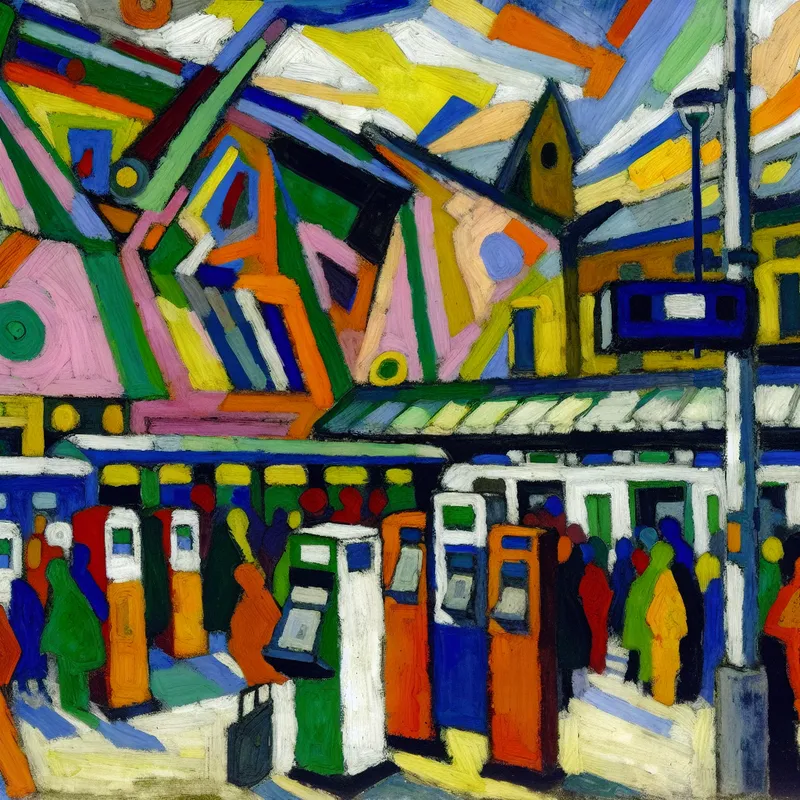 Abstract expressionist afbeelding van een druk treinstation met kleurrijke vormen