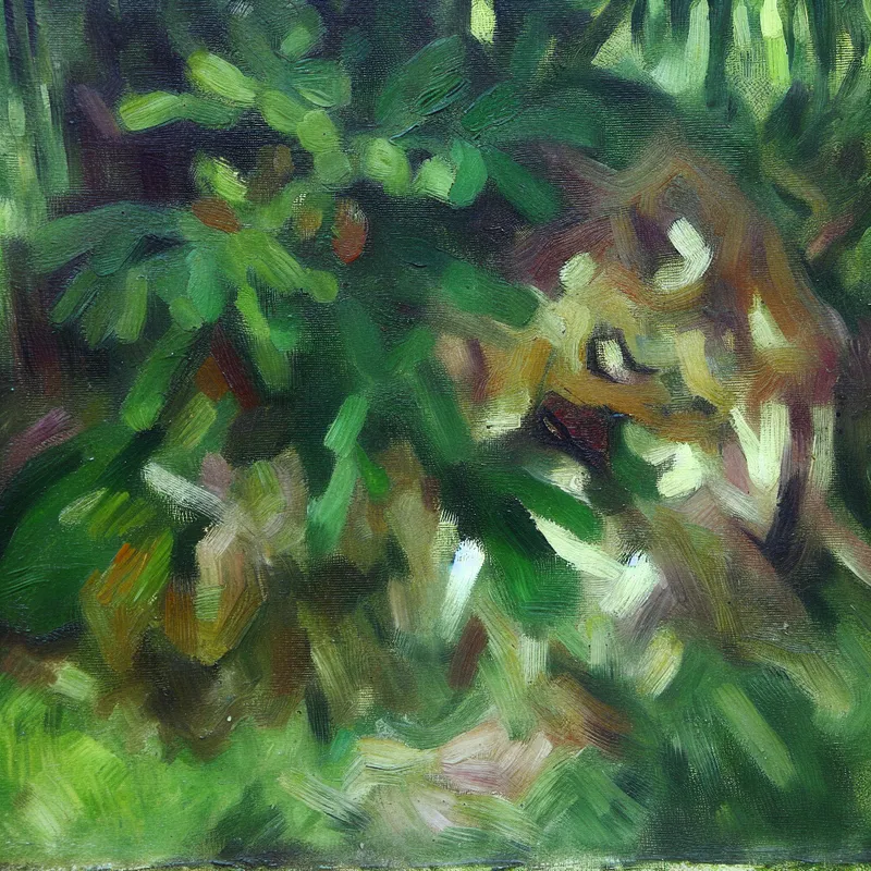 Abstracte afbeelding van een tuin met vage vormen die een onbekend object voorstellen.