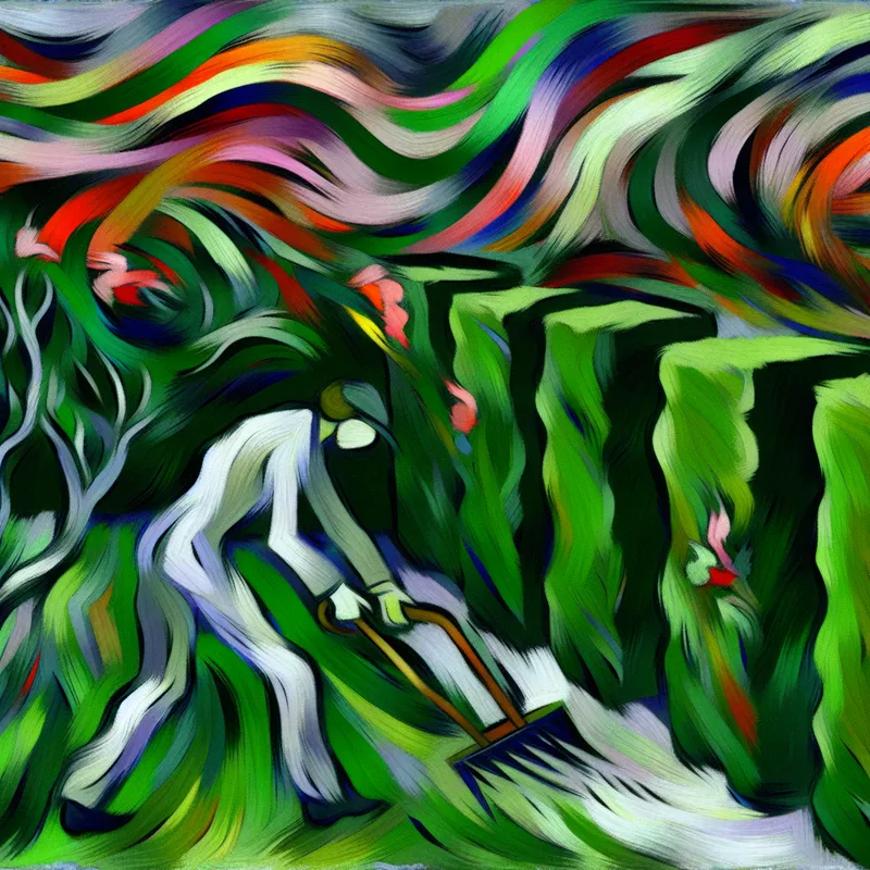Abstract expressionistisch tafereel van een chaotische, levendige tuin waar een persoon heggen en bloemen trimt met krachtige gebaren.