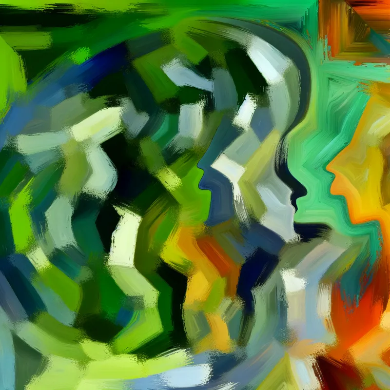 Abstract expressionistisch schilderij van een kantooromgeving met levendige kleuren en chaotische vormen die bedrijfsbeleid symboliseren.