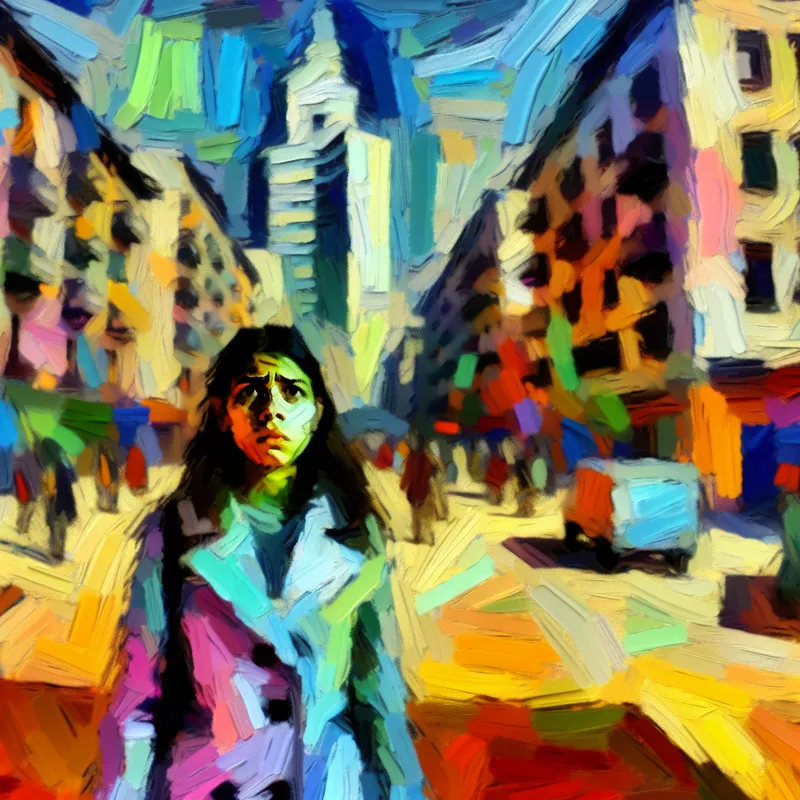 Abstract schilderij van een jonge volwassene in een chaotische stedelijke omgeving, met een bezorgde uitdrukking, omringd door felle kleuren en agressieve penseelstreken die verwarring symboliseren.