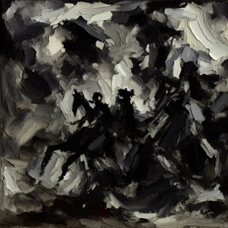 Abstract expressionistische schilderij met donkere kleuren en vage vormen die verlies en wanhoop uitdrukken.