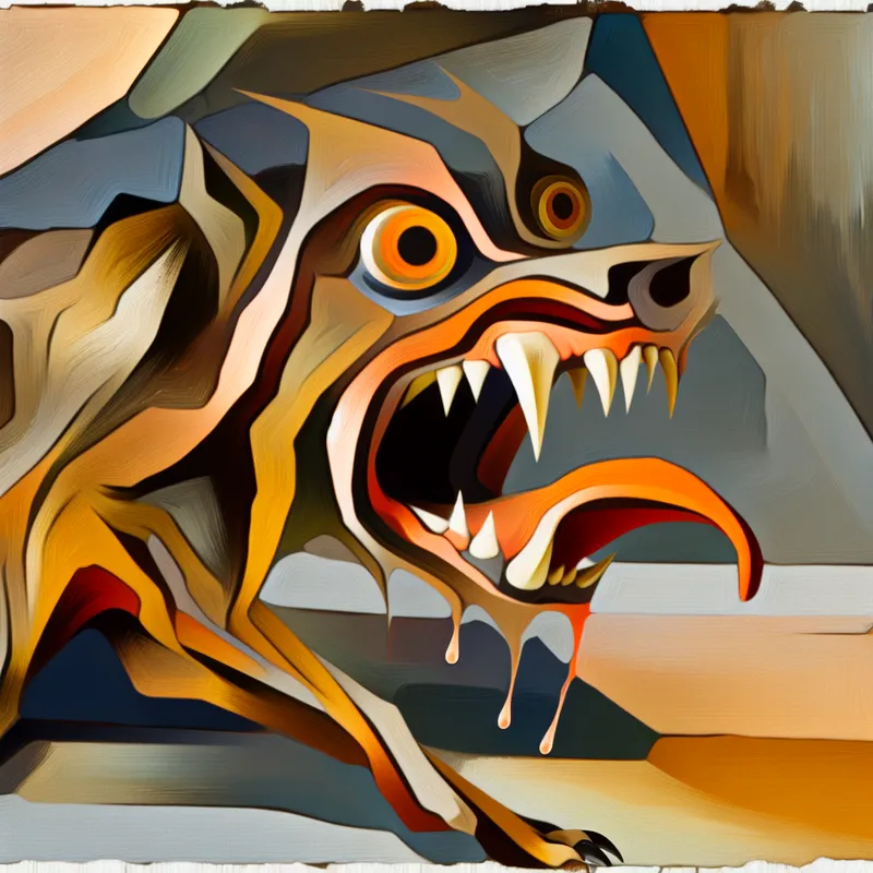 Abstract expressionistisch schilderij van een valse, agressieve hond met ontblote tanden en wilde ogen, klaar om aan te vallen