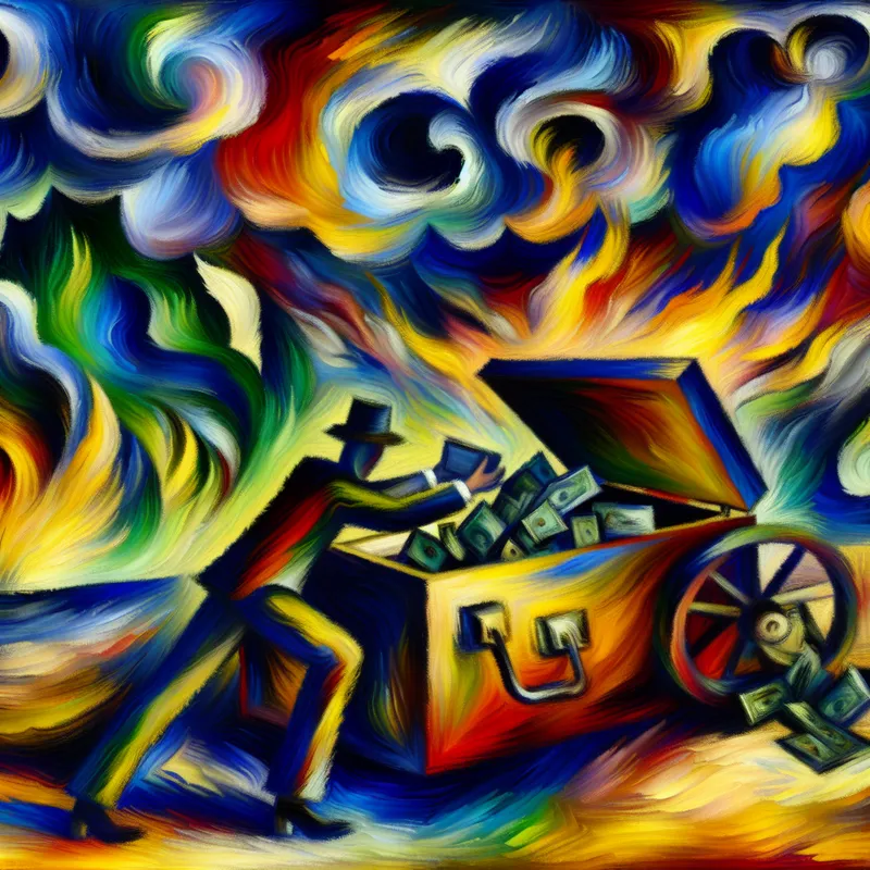 Abstracte representatie van veiligheid met een figuur die waardevolle voorwerpen in een grote kluis plaatst, geïnspireerd door Willem de Kooning.