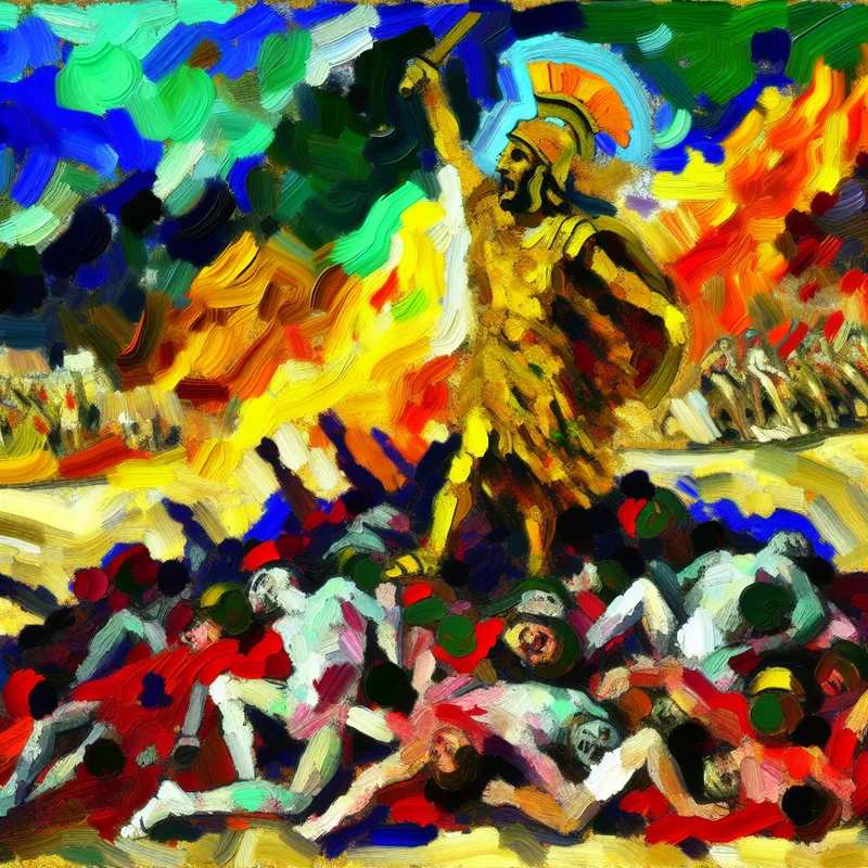 Abstracte veldslag in expressieve stijl van Karel Appel, met overwinnend Romeins leger in geel en groen en verslagen vijandelijke troepen in rood en zwart