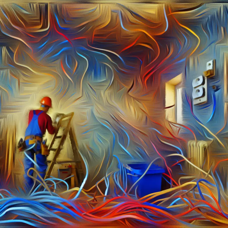 Abstract expressionistisch schilderij van een elektricien die ingewikkelde, felgekleurde telefoon- en stroomkabels inspecteert, symbool voor verbindingen en energie