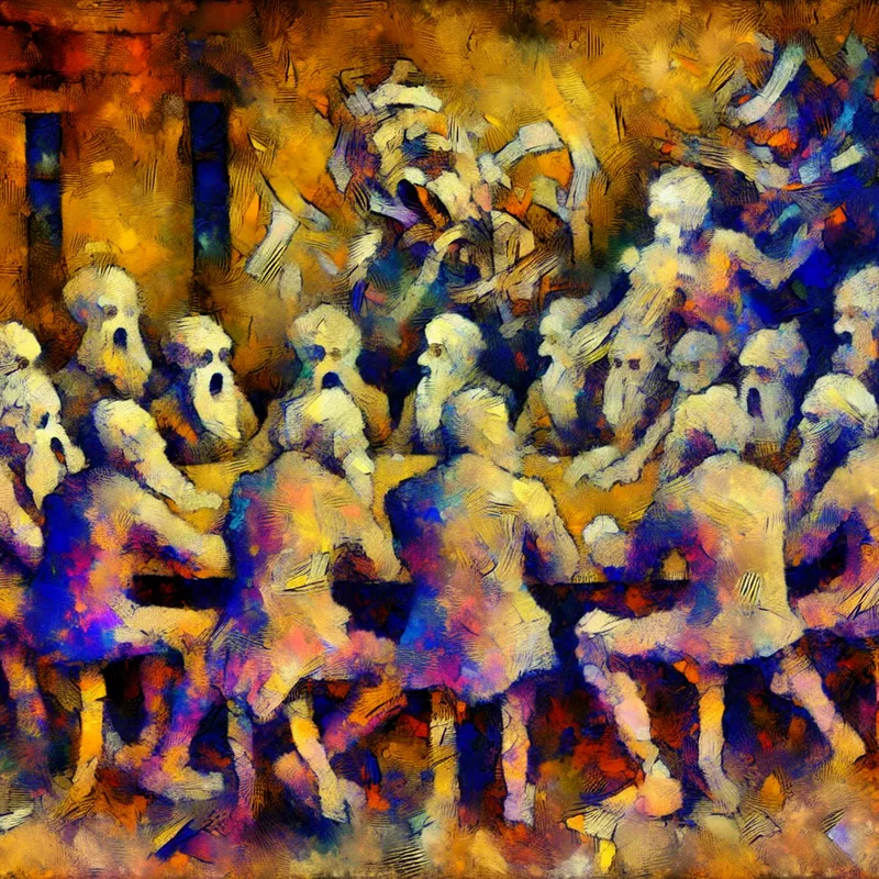 Abstracte uitdrukking met een groep figuren die leden van een raad voorstellen in een dynamische vergadering met energieke penseelstreken.