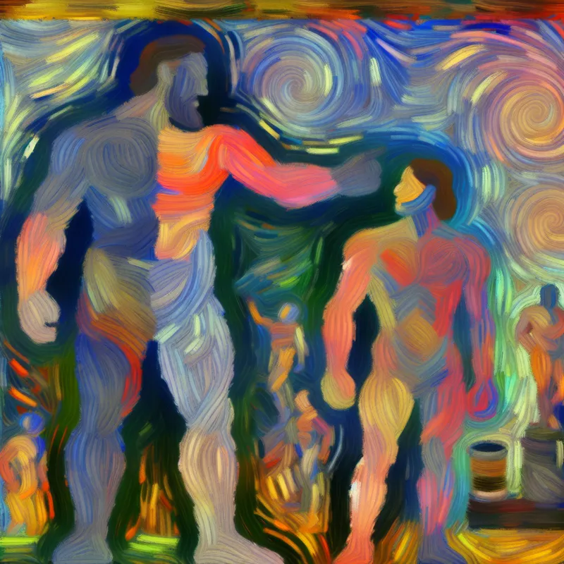 Abstracte uitdrukking van twee figuren, een grote en een kleinere, die vergelijking van grootte en rang symboliseren.