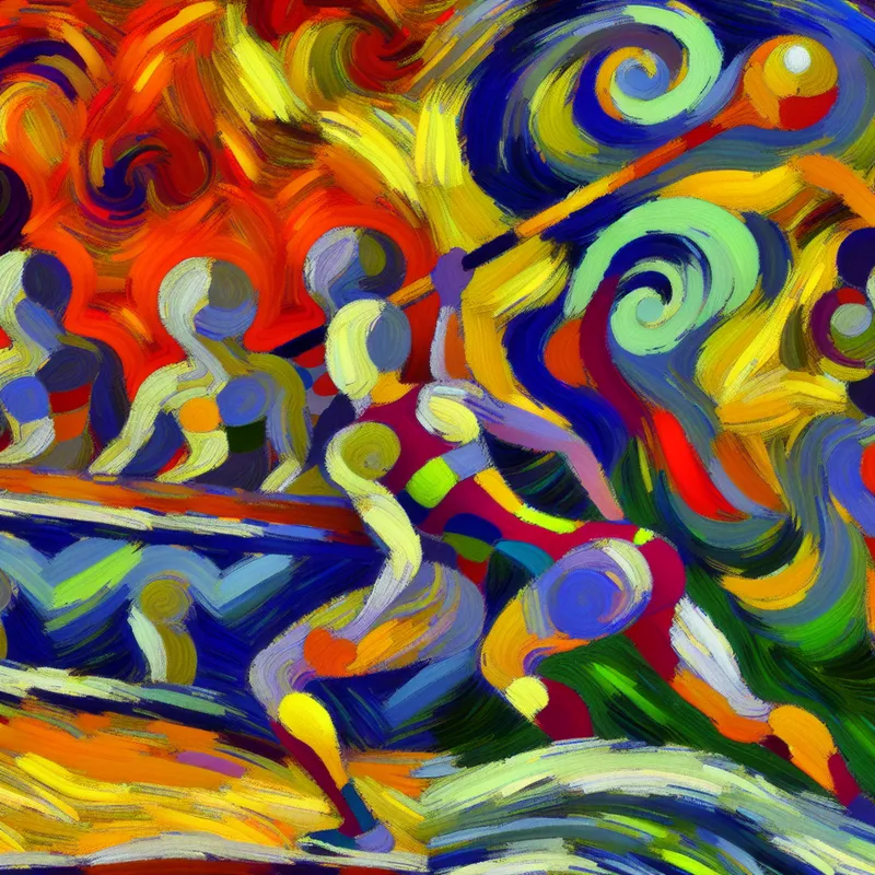 Abstract schilderij dat de vergelijking toont tussen een energieke atleet en een reflectieve huidige staat met contrasterende kleuren.