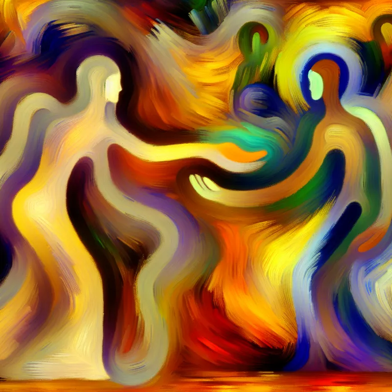 Abstract expressionistisch schilderij van twee figuren die verzoening tonen door vergeving, met warme en koele kleuren die emoties symboliseren