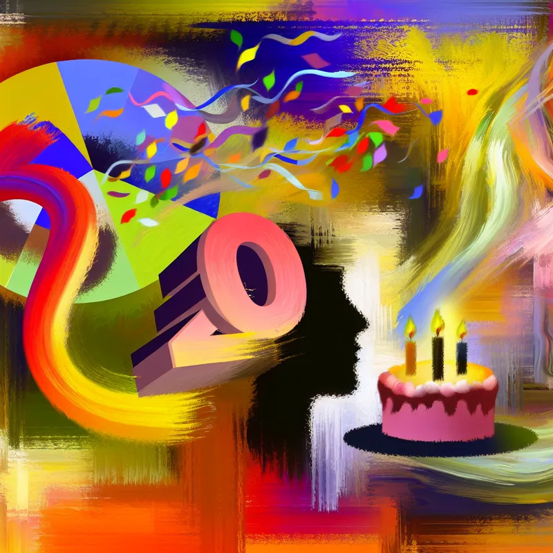 Abstract expressioniste compositie met een felgekleurde verjaardagstaart en kaarsen, met een silhouet van een jongere en een vraagteken over hun hoofd, symbool voor de vraag naar leeftijd.