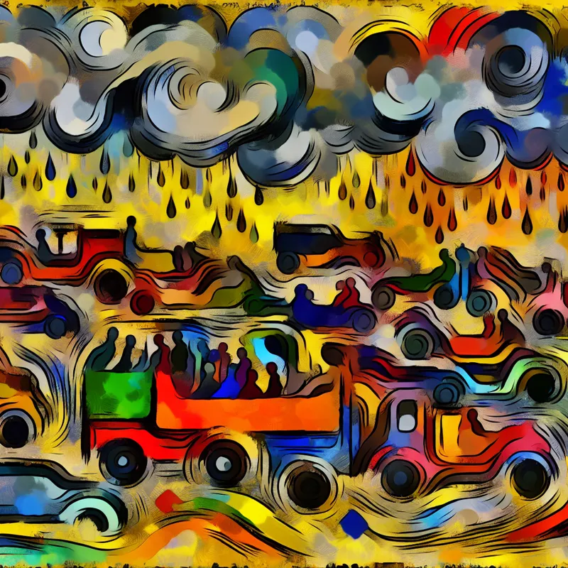 Abstracte voorstelling van gefrustreerde reizigers in een chaotische verkeersopstopping onder donkere regenachtige luchten.