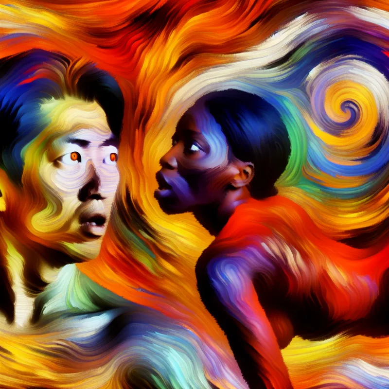 Abstracte compositie van een man met intense, verlangende ogen die naar een vrouw in een uitdagende pose kijkt, gevuld met vurige kleuren.