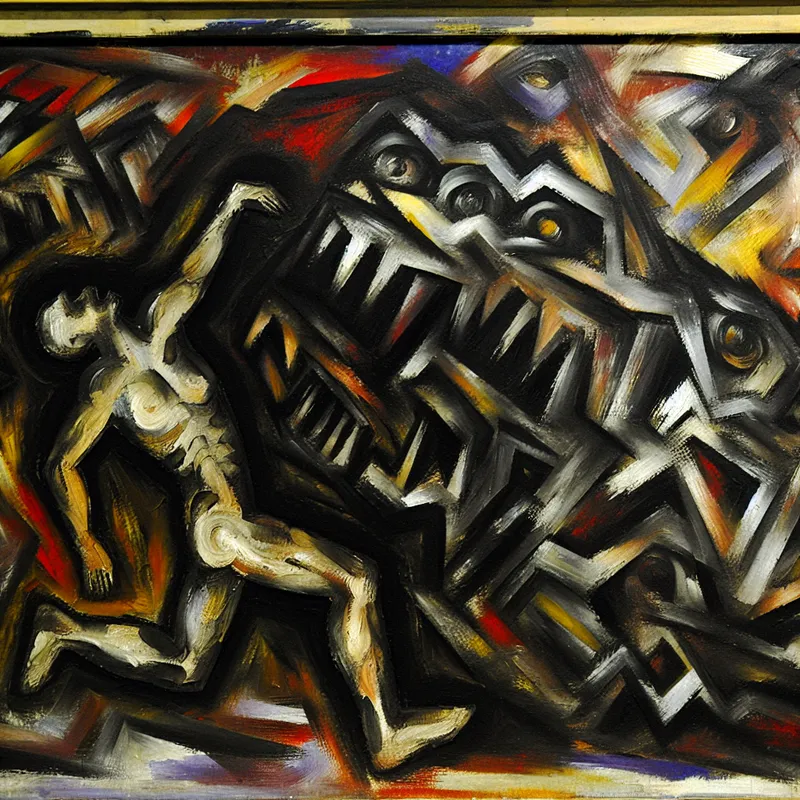 Abstract expressionistisch schilderij van een vernietigende stresskracht die een fragiel menselijk figuur kapotmaakt, symbolisch voor emotionele vernietiging