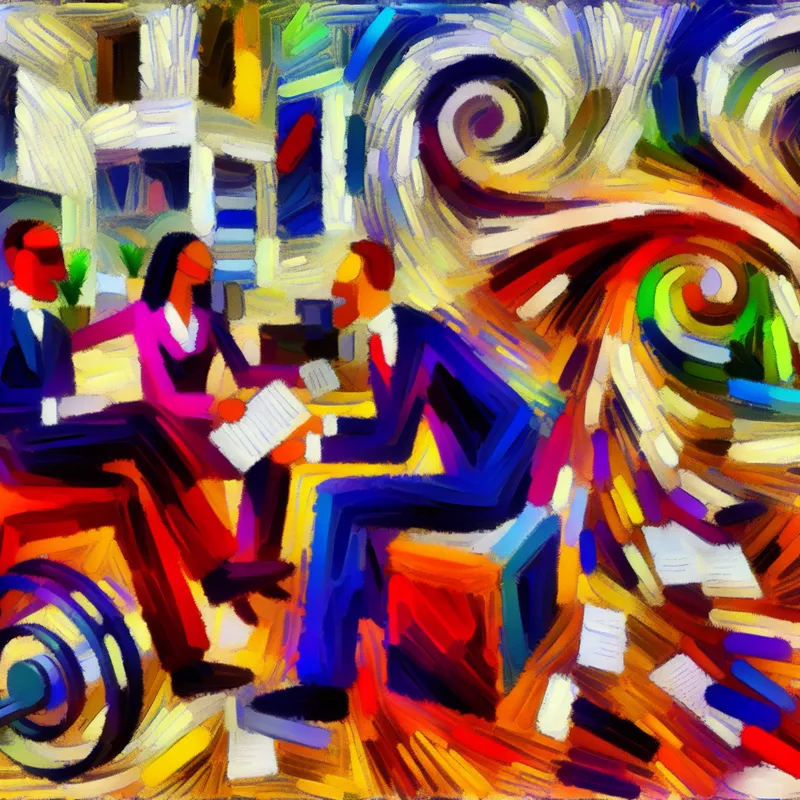 Abstract expressionistische voorstelling van een verzekeringsvertegenwoordiger die een polis uitlegt aan een stel in een dynamisch kantoor